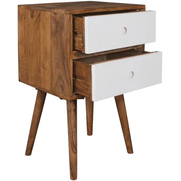 Madwoodk Sheesham Wood Bed Side Table With 2 Drawers  In Natural & White Finish For Home Furniture