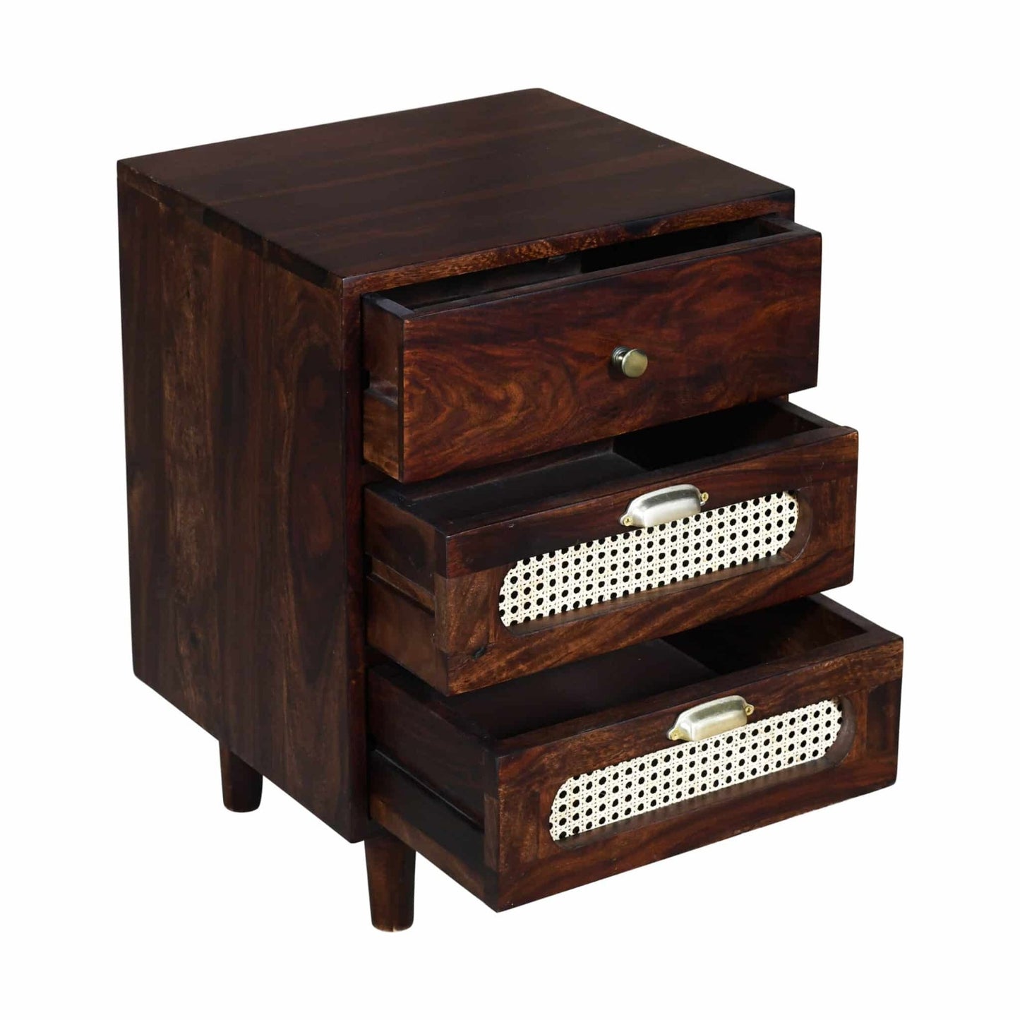 Madwoodk Sheesham Wood  Bed Side Table With 3 Drawers In Walnut Finish For Home Furniture