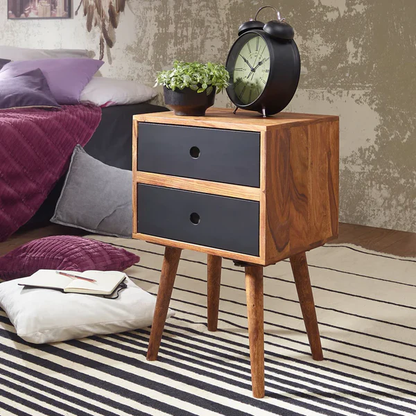 Madwoodk Sheesham Wood Bed Side Table With 2 Drawers  In Natural & Black Finish For Home Furniture