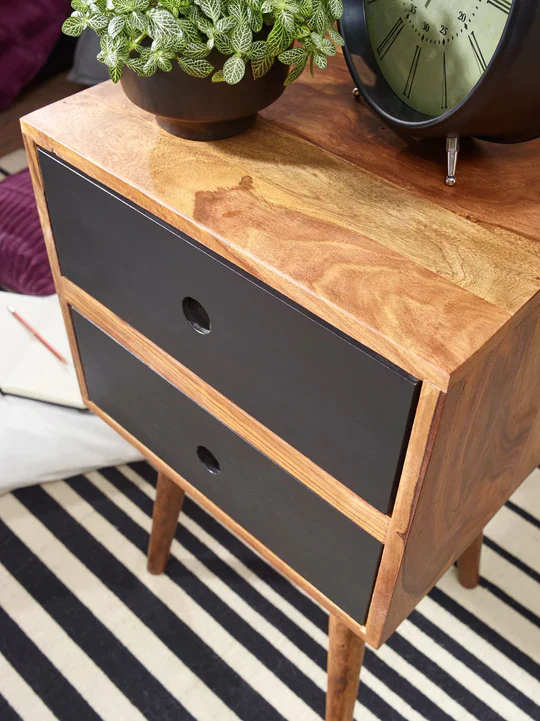 Madwoodk Sheesham Wood Bed Side Table With 2 Drawers  In Natural & Black Finish For Home Furniture