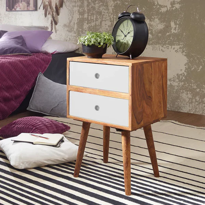 Madwoodk Sheesham Wood Bed Side Table With 2 Drawers  In Natural & White Finish For Home Furniture