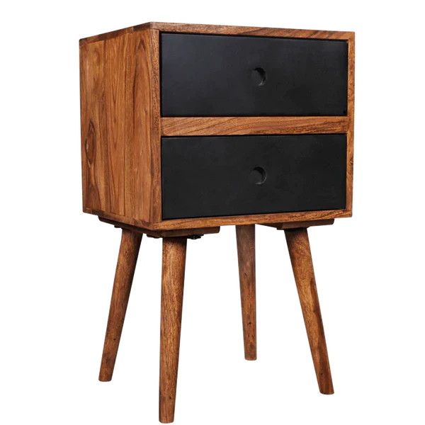 Madwoodk Sheesham Wood Bed Side Table With 2 Drawers  In Natural & Black Finish For Home Furniture