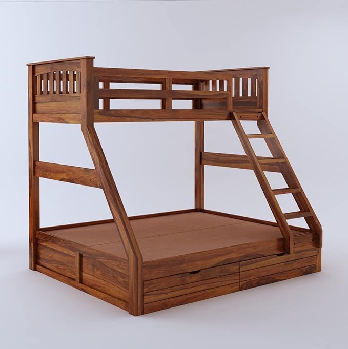 Madwoodk Sheesham Wood Bunk Bed With 2 Drawers  In Natural Finish For Home Furniture