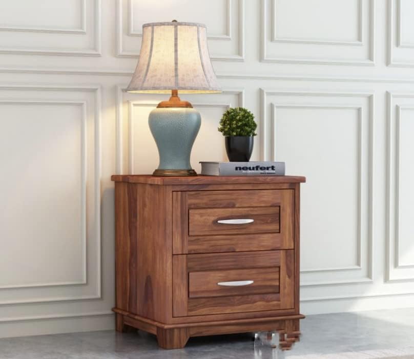 Madwoodk Sheesham Wood Bed Side Table With 2 Drawers  In Honey Oak Finish For Home Furniture