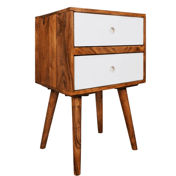 Madwoodk Sheesham Wood Bed Side Table With 2 Drawers  In Natural & White Finish For Home Furniture