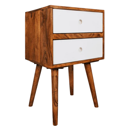 Madwoodk Sheesham Wood Bed Side Table With 2 Drawers  In Natural & White Finish For Home Furniture