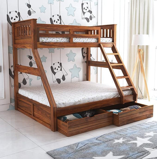 Madwoodk Sheesham Wood Bunk Bed With 2 Drawers  In Natural Finish For Home Furniture