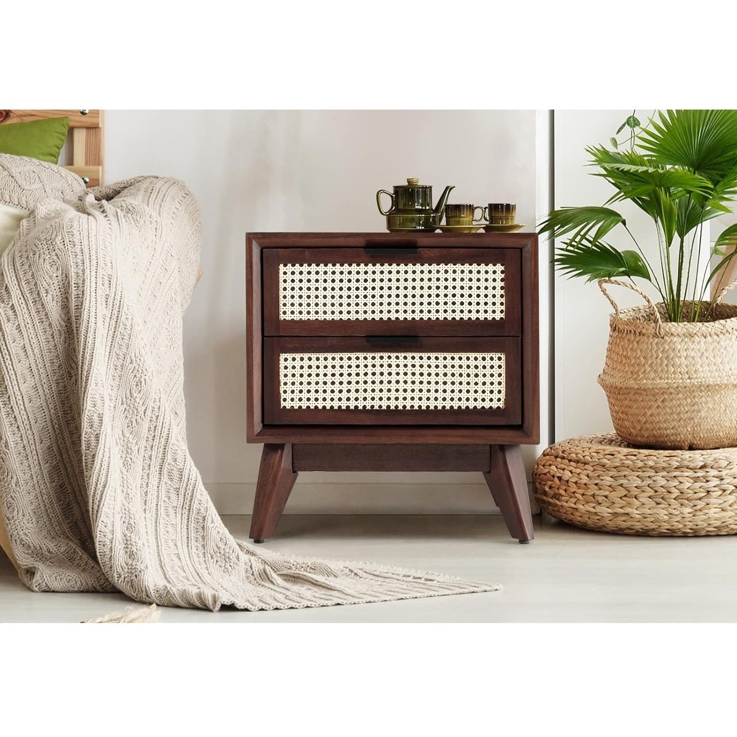 Madwoodk Sheesham Wood Bed Side Table With 2 Drawers  In Walnut Finish For Home Furniture